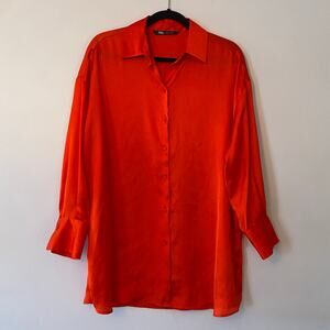 Zara Red Satin Button Down Blouse Holiday Christmas Oversized Women's size Small